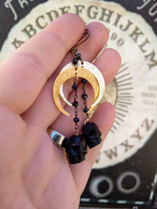 Carved Black Skull and Crescent Moon Earrings - Minxes' Trinkets