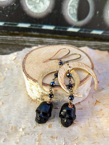 Carved Black Skull and Crescent Moon Earrings - Minxes' Trinkets