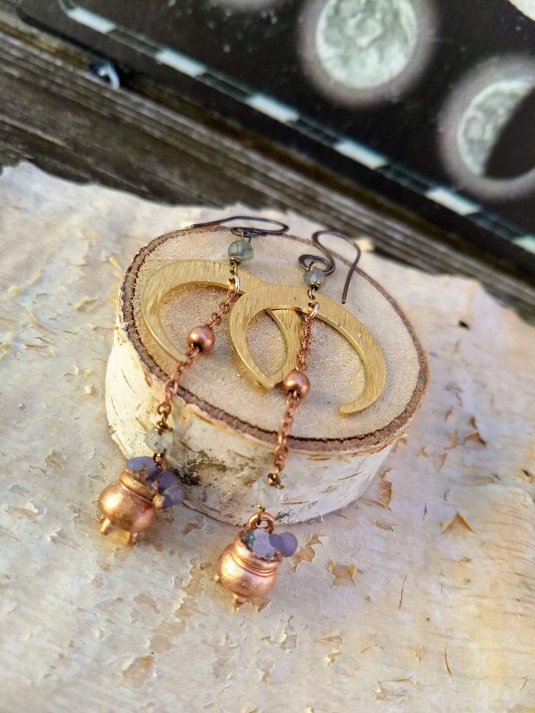Crescent Moon Grape Agate Copper Electroformed Cauldron Earrings - Minxes' Trinkets