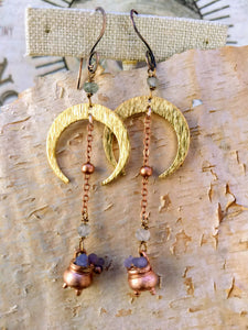 Crescent Moon Grape Agate Copper Electroformed Cauldron Earrings - Minxes' Trinkets