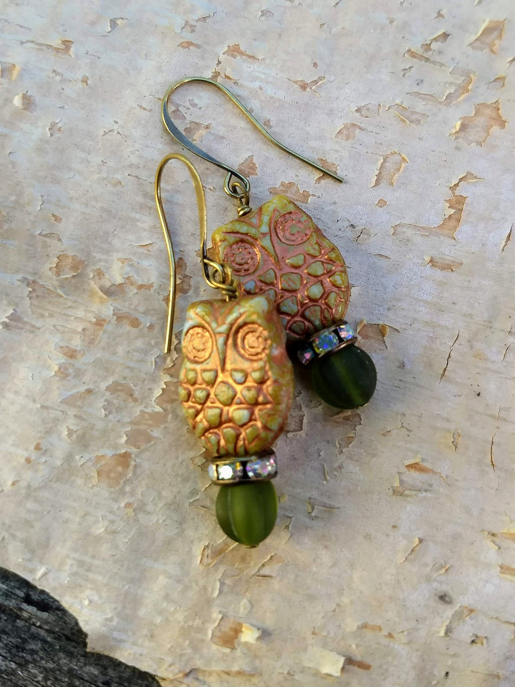 Green and Copper Owl Augury Earrings - Minxes' Trinkets
