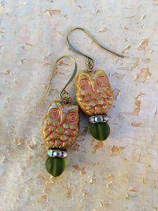 Green and Copper Owl Augury Earrings - Minxes' Trinkets