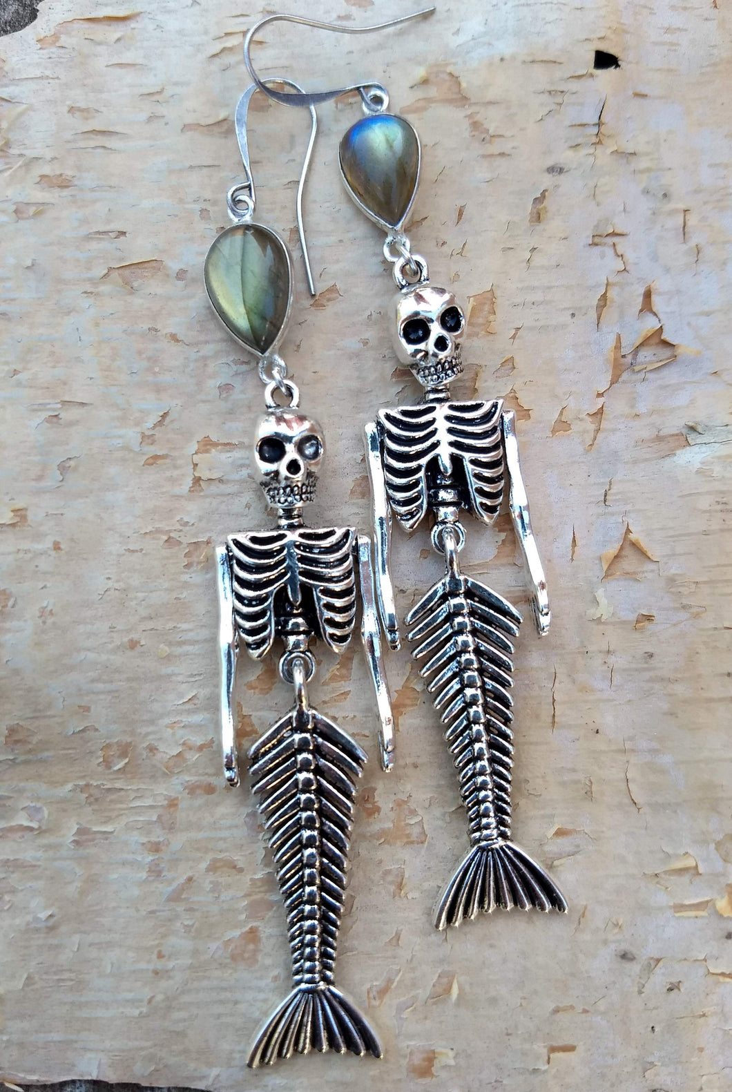 Skeleton Mermaid Earrings with Labradorite - Minxes' Trinkets