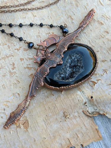 Electroformed Bat and Black Druzy Necklace - Minxes' Trinkets