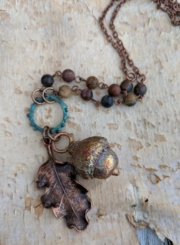 Electroformed Acorn Necklace with Cherry Creek Jasper II - Minxes' Trinkets