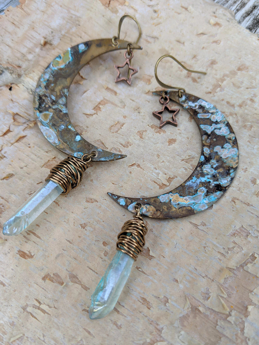 Verdigris Moon and Star Earrings with Aqua Aura Quartz - Minxes' Trinkets