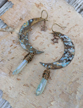 Load image into Gallery viewer, Verdigris Moon and Star Earrings with Aqua Aura Quartz - Minxes&#39; Trinkets