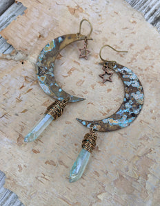 Verdigris Moon and Star Earrings with Aqua Aura Quartz - Minxes' Trinkets