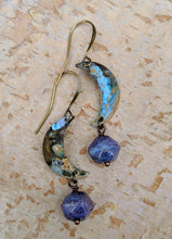 Load image into Gallery viewer, Petite Moon Earrings with Purple Picasso Czech Glass - Minxes&#39; Trinkets