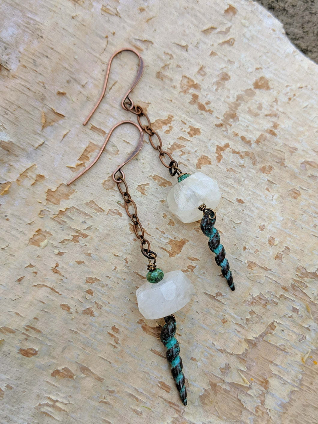 Moonstone and Verdigris Spiral Shell Earrings - Minxes' Trinkets