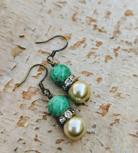 Simple Jade, Rhinestone and Vintage Pearl Earrings - Minxes' Trinkets
