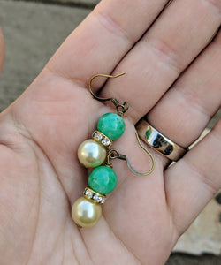 Simple Jade, Rhinestone and Vintage Pearl Earrings - Minxes' Trinkets