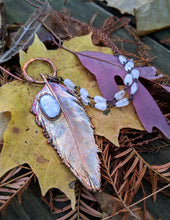 Load image into Gallery viewer, Real Copper Electroformed Feather - Rainbow Moonstone 1 - Minxes&#39; Trinkets