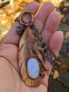 Real Copper Electroformed Feather - Rainbow Moonstone 2 - Minxes' Trinkets