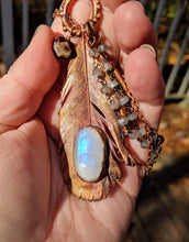 Load image into Gallery viewer, Real Copper Electroformed Feather - Rainbow Moonstone 2 - Minxes&#39; Trinkets