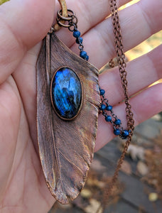 Real Copper Electroformed Feather - Blue Labradorite - Minxes' Trinkets