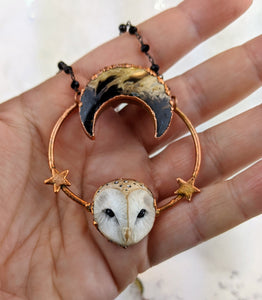 Electroformed Barn Owl Necklace with Fossilized Palm Root Moon - I - Minxes' Trinkets