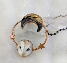 Load image into Gallery viewer, Electroformed Barn Owl Necklace with Fossilized Palm Root Moon - I - Minxes&#39; Trinkets