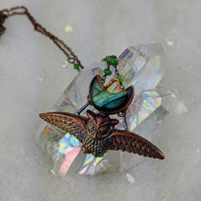 Load image into Gallery viewer, Electroformed Swooping Owl with Teal Green Labradorite Moon - Minxes&#39; Trinkets