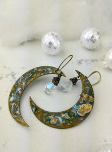 Verdigris Moon Earrings with Aura Briolettes - Minxes' Trinkets
