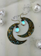 Load image into Gallery viewer, Verdigris Moon Earrings with Kite-shaped Mystic Quartz - Minxes&#39; Trinkets