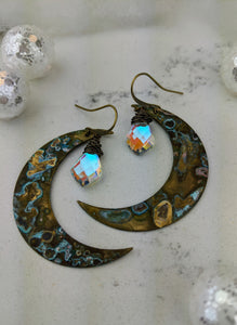 Verdigris Moon Earrings with Kite-shaped Mystic Quartz - Minxes' Trinkets