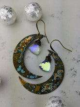 Load image into Gallery viewer, Verdigris Moon Earrings with Triangle Mystic Quartz - Minxes&#39; Trinkets