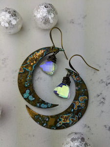 Verdigris Moon Earrings with Triangle Mystic Quartz - Minxes' Trinkets