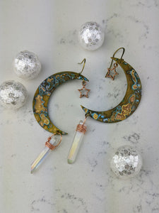 Verdigris Moon Earrings with Aura Quartz and Star - Minxes' Trinkets