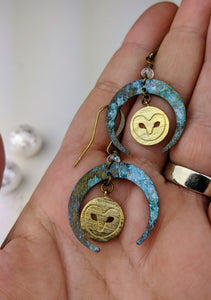Winter Crescent Moon Earrings with Brass Owls - Minxes' Trinkets