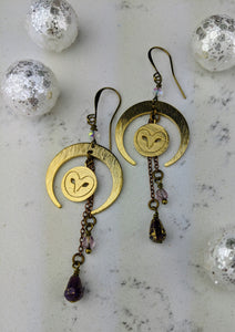 Winter Crescent Moon Earrings with Brass Owls and Dangles - Minxes' Trinkets
