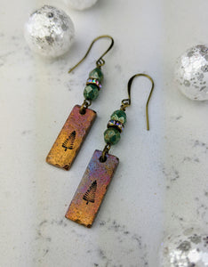 Stamped Copper Bar Pine Tree Earrings II - Minxes' Trinkets