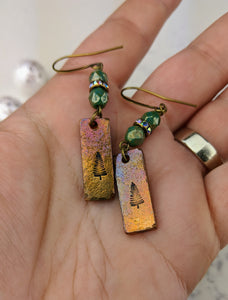 Stamped Copper Bar Pine Tree Earrings - Minxes' Trinkets