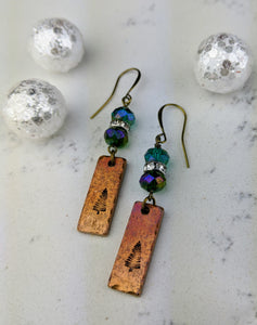 Stamped Copper Bar Pine Tree Earrings - Minxes' Trinkets