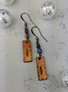 Stamped Copper Bar Feather Earrings II - Minxes' Trinkets