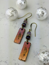 Load image into Gallery viewer, Stamped Copper Bar Feather Earrings - Minxes&#39; Trinkets