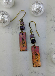 Stamped Copper Bar Feather Earrings - Minxes' Trinkets