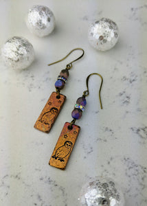 Stamped Copper Bar Winter Owl Earrings - Minxes' Trinkets