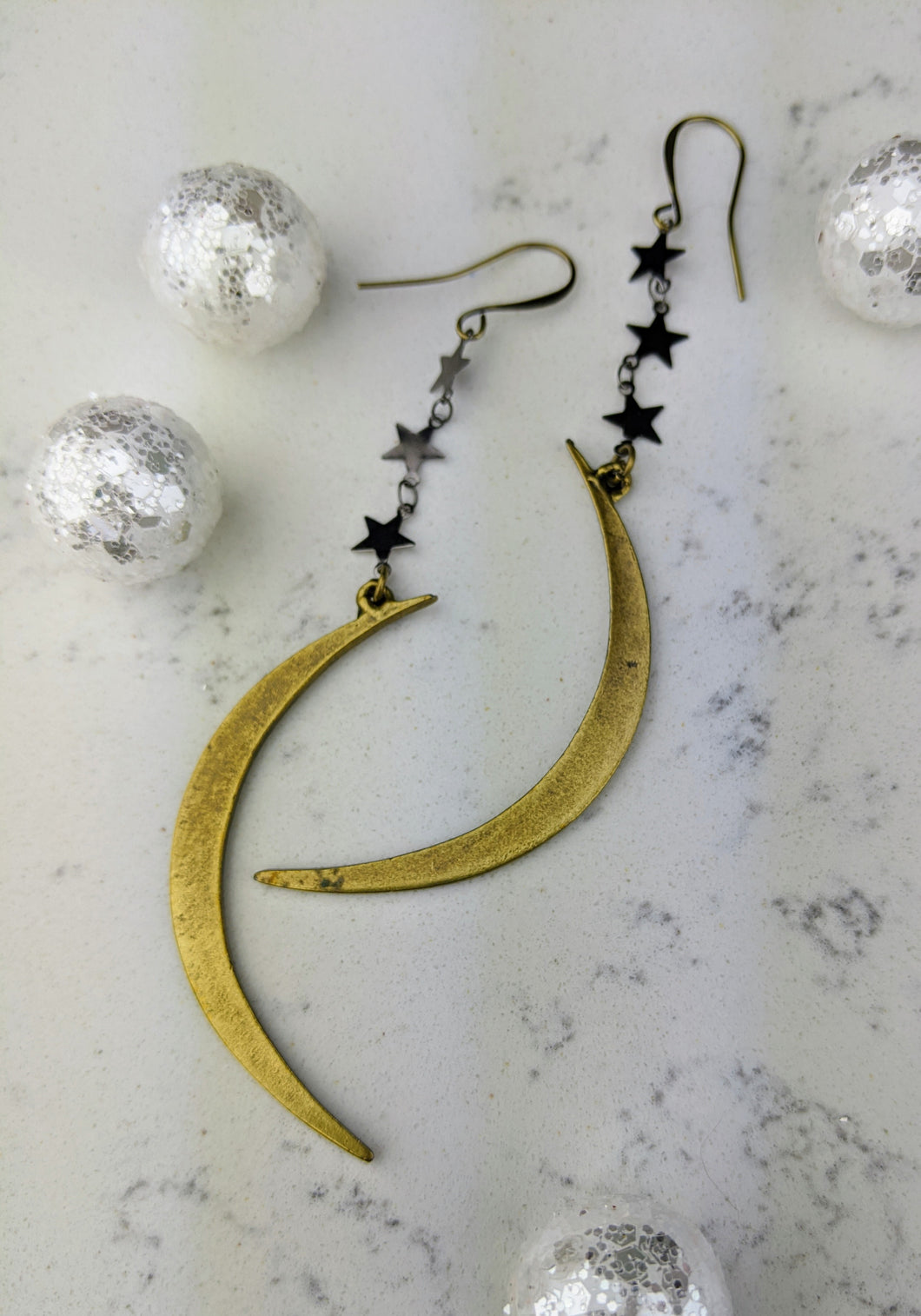 Winter Moon Earrings with Gunmetal Stars - Minxes' Trinkets