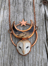 Load image into Gallery viewer, Electroformed Barn Owl Necklace with Fossilized Palm Root Moon - I - Minxes&#39; Trinkets
