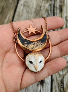 Electroformed Barn Owl Necklace with Fossilized Palm Root Moon - I - Minxes' Trinkets