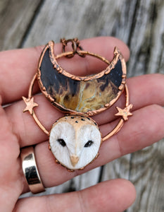 Electroformed Barn Owl Necklace with Fossilized Palm Root Moon - III - Minxes' Trinkets