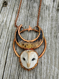 Electroformed Barn Owl Necklace with Fossilized Palm Root Moon - IV - Minxes' Trinkets