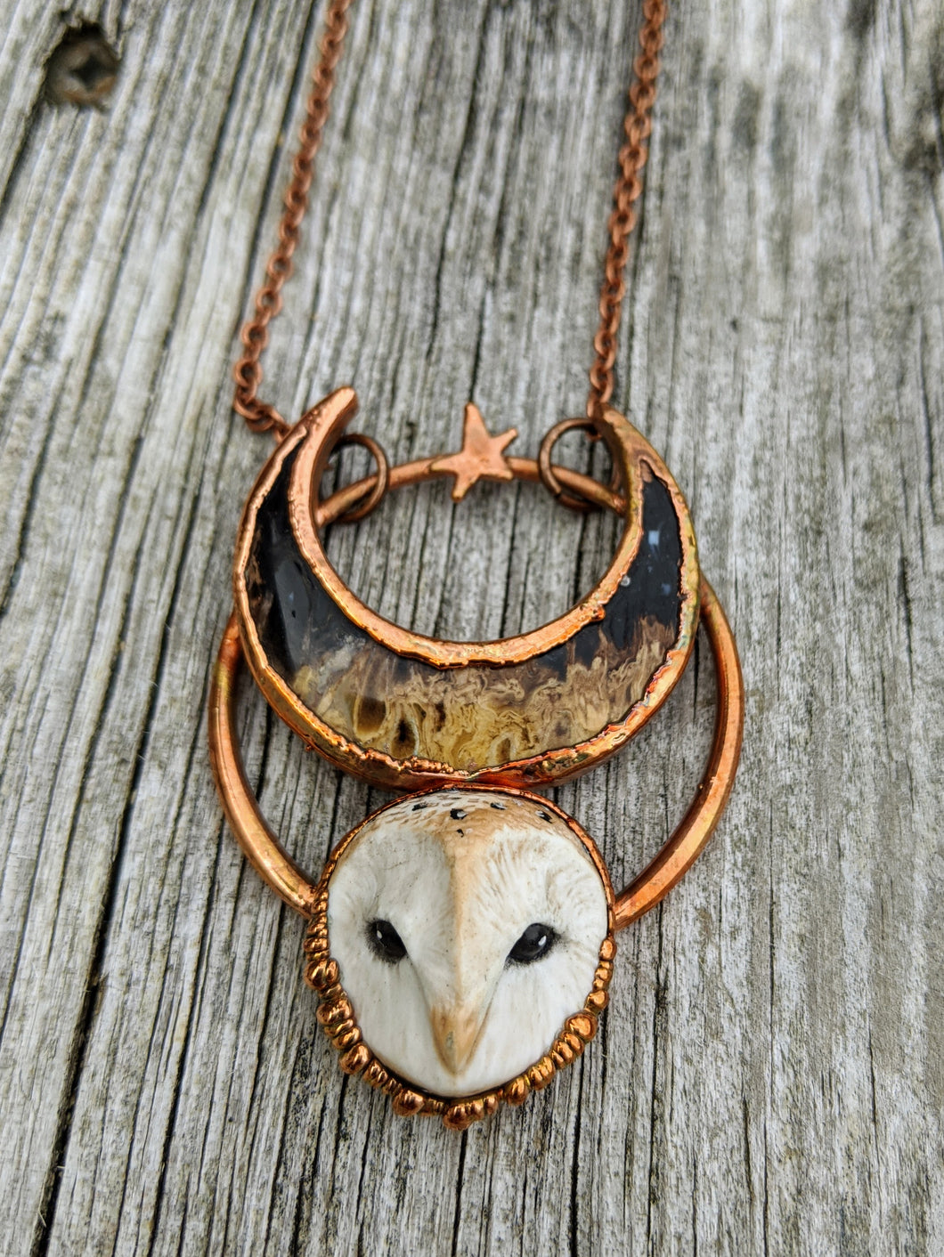 Electroformed Barn Owl Necklace with Fossilized Palm Root Moon - IV - Minxes' Trinkets