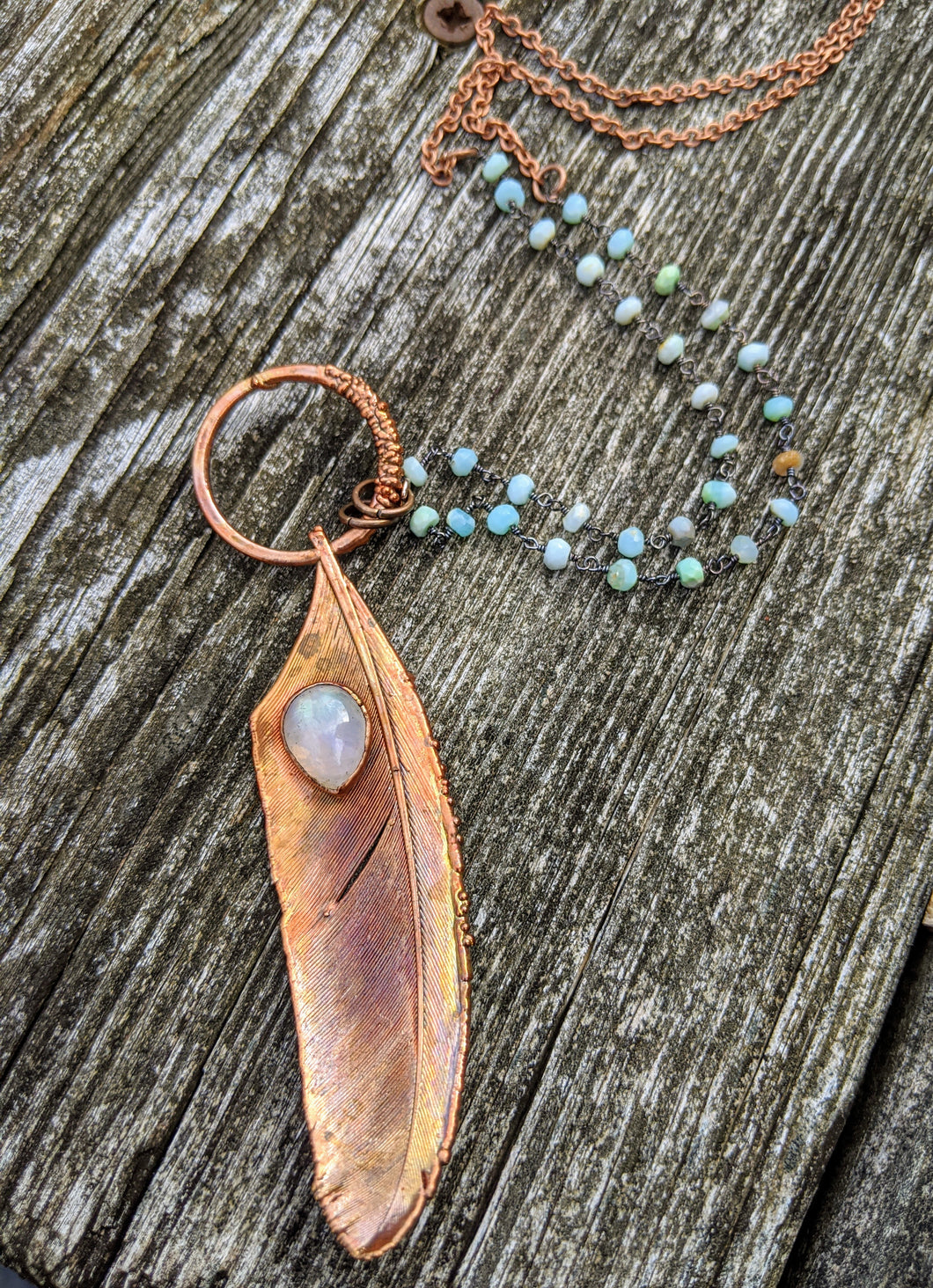 Real Copper Electroformed Feather - Rainbow Moonstone - Minxes' Trinkets
