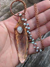 Load image into Gallery viewer, Real Copper Electroformed Feather - Rainbow Moonstone - Minxes&#39; Trinkets