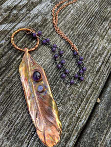 Real Copper Electroformed Feather - Amethyst and Moonstone - Minxes' Trinkets