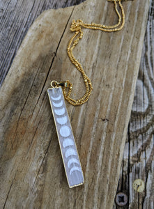 Engraved Selenite Moon Phase Necklace - Vertical Bar - Minxes' Trinkets