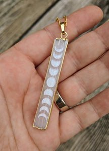 Engraved Selenite Moon Phase Necklace - Vertical Bar - Minxes' Trinkets