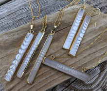 Load image into Gallery viewer, Slightly Imperfect - Engraved Selenite Moon Phase Necklace - Vertical Bar III - Minxes&#39; Trinkets